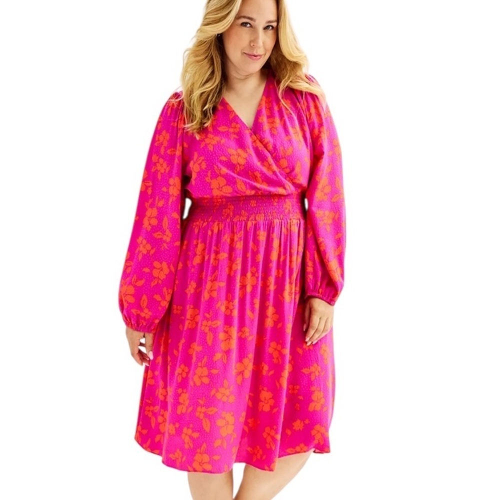 Draper James Hot Pink and Orange Floral Wrap-Style Long Sleeve Dress